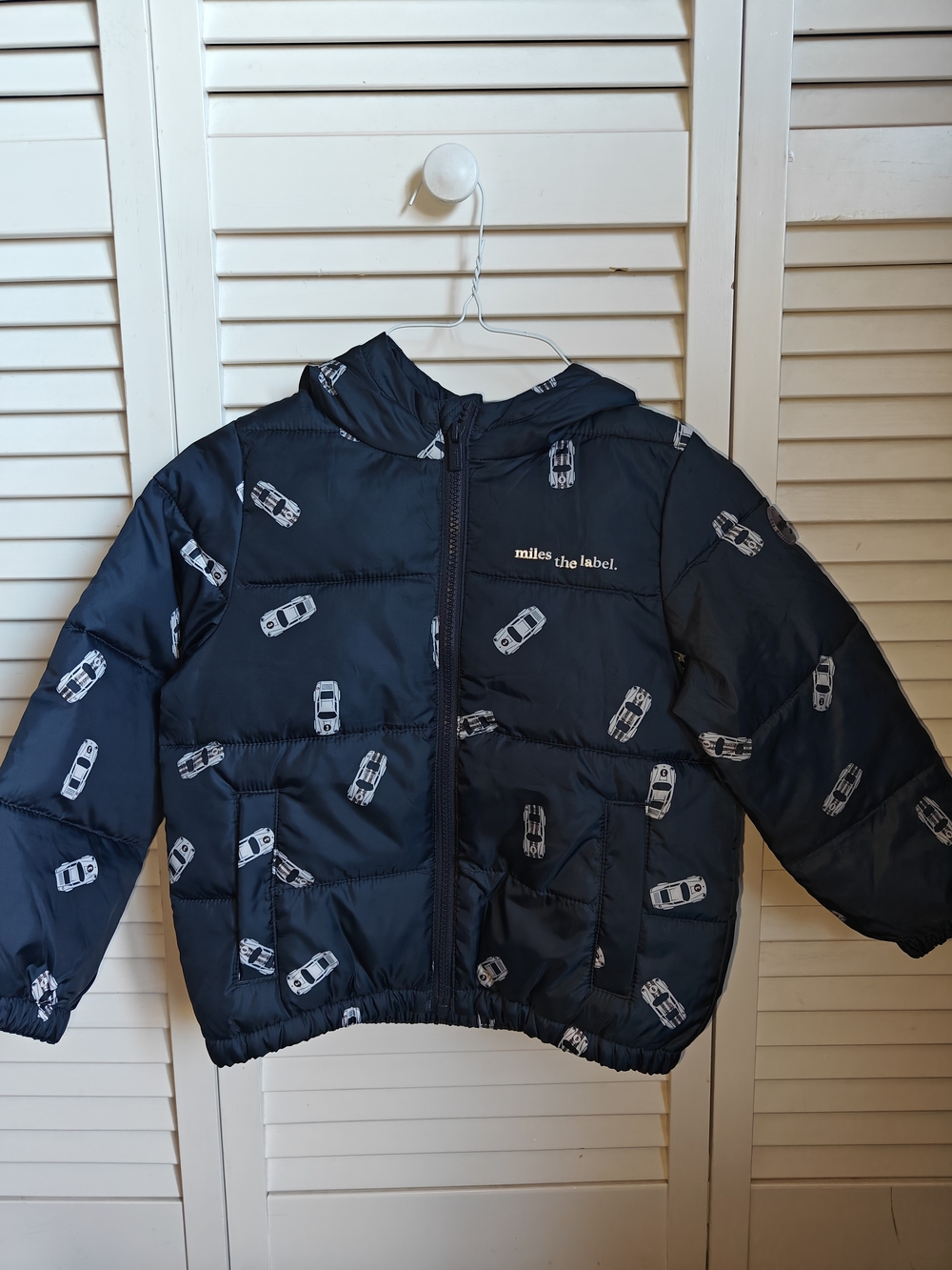 Miles the Label Navy Blue Puffer Jacket Car Print 3T